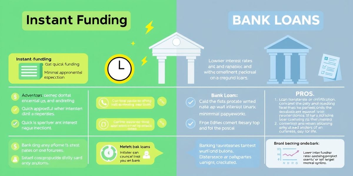 A graphic comparing instant funding and bank loans with pros and cons