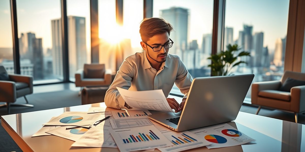 a young entrepreneur analyzing financial documents with a laptop, surrounded by charts and graphs, illustrating the concept of immediate free capital for business success.