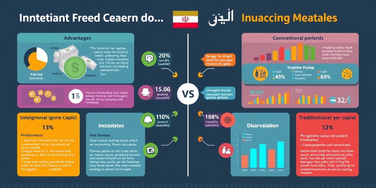 An infographic comparing instant free capital with traditional financing options in Iran, showcasing benefits and drawbacks in a clear and engaging manner.