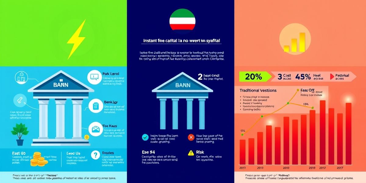 A side-by-side infographic illustrating the comparison of instant free capital, bank loans, and traditional investments in Iran, focusing on ease of access, costs, and risks.