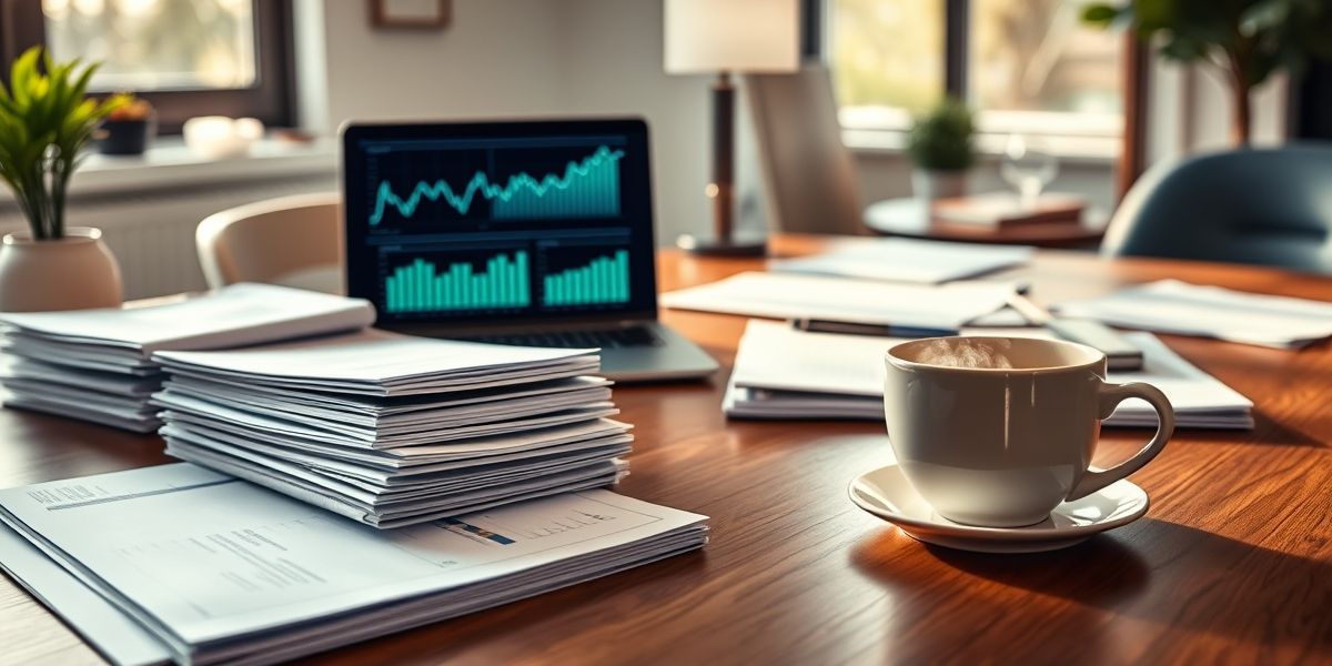 An organized workspace with financial documents, a laptop showing investment charts, and a coffee cup, representing the concept of instant liquid assets.