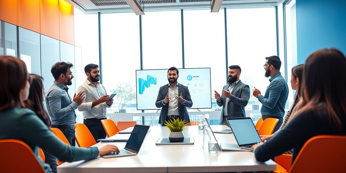 A modern Iranian startup team presenting their innovative idea to potential investors in a dynamic meeting environment.