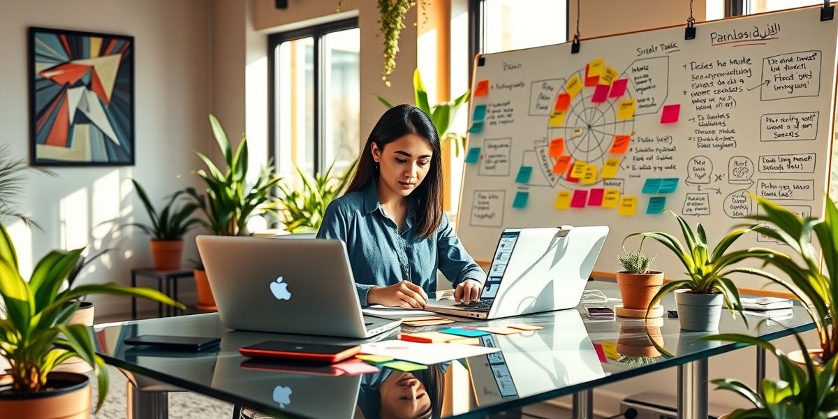 A young Iranian entrepreneur analyzing market trends and creating a convincing pitch deck for potential investors, showcasing determination and creativity.