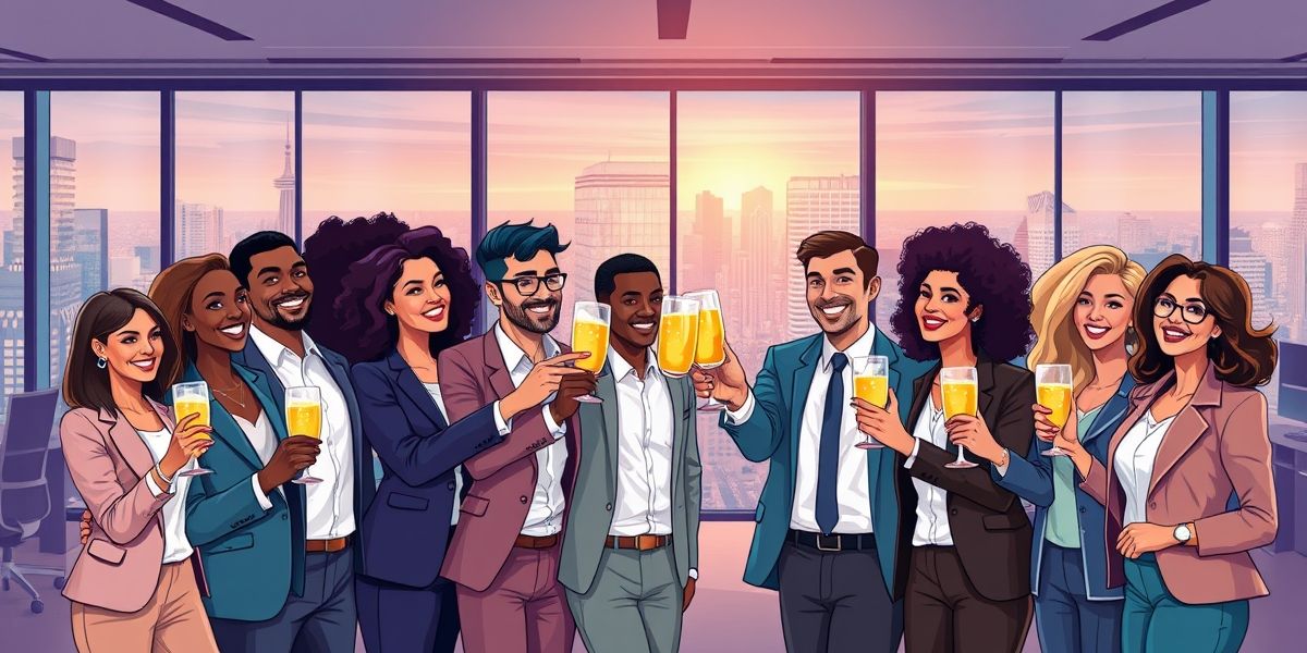 An illustration showing successful entrepreneurs celebrating their achievements with instant capital investments, including diverse individuals in a modern office setting.