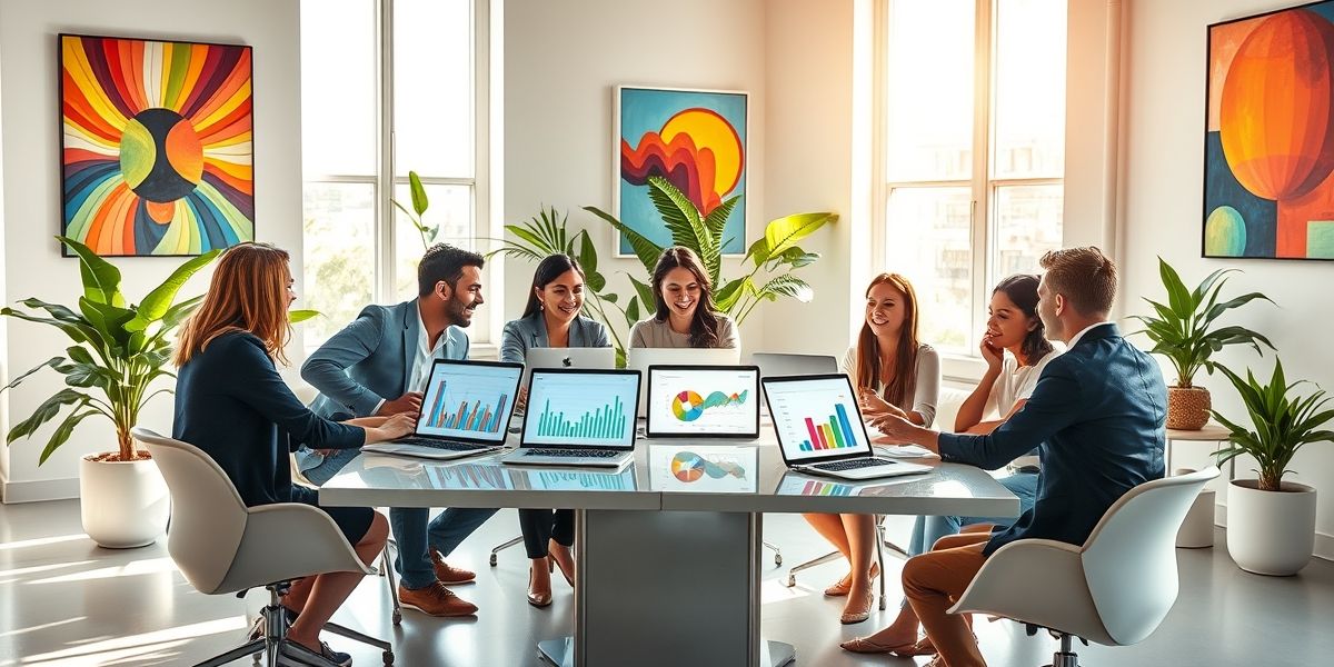 A visual representation of young entrepreneurs reviewing financial reports and discussing strategies in a bright, modern office environment.