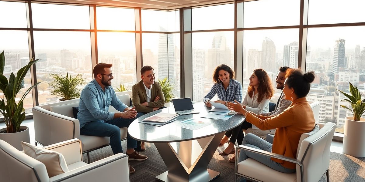 a group of diverse people discussing financial solutions in a modern office setting