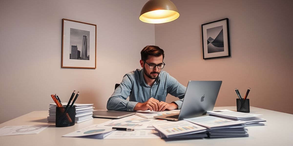 a person calculating finances at a desk with a laptop and papers organized around them