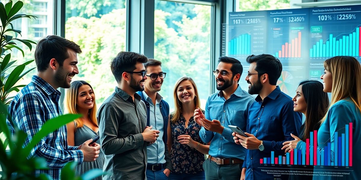 A diverse group of entrepreneurs discussing innovative technologies, with graphs and charts showing financial growth and startup ideas in the background.