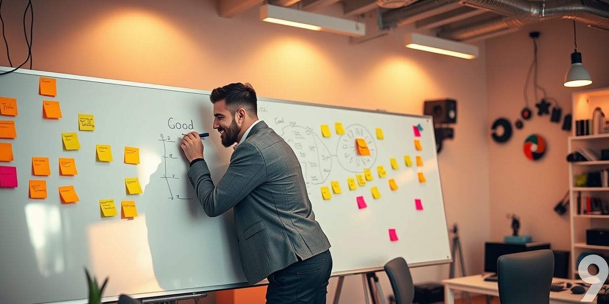 A creative entrepreneur brainstorming ideas on a whiteboard in an office filled with innovative gadgets.