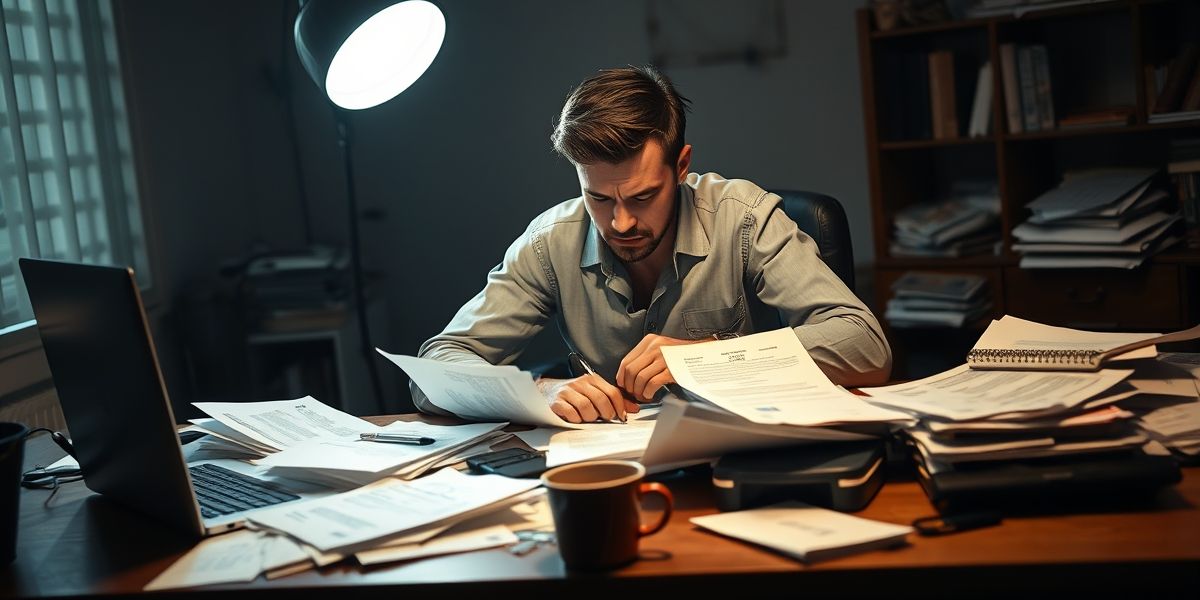 A frustrated entrepreneur looking at rejected loan applications at a desk, symbolizing the challenges of accessing free capital.