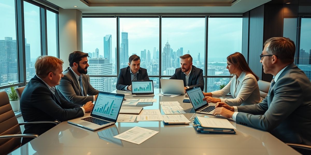 a high-quality image depicting financial advisors in a meeting with clients discussing investment strategies, using laptops and financial documents.