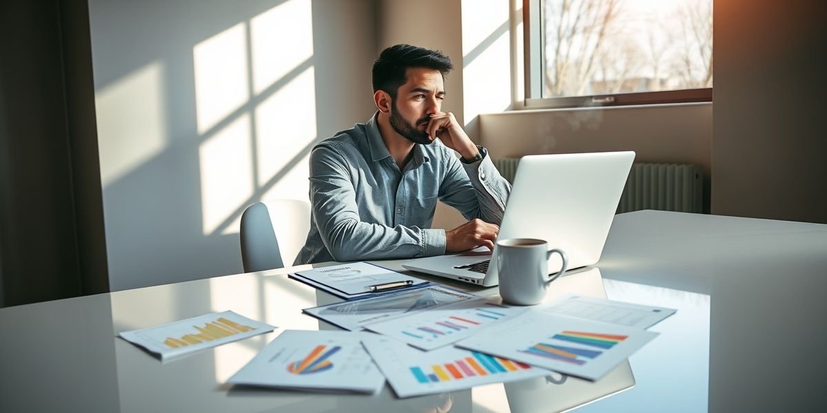 A person contemplating financial decisions with a laptop and documents on a desk, depicting the concept of instant free capital and investment choices.