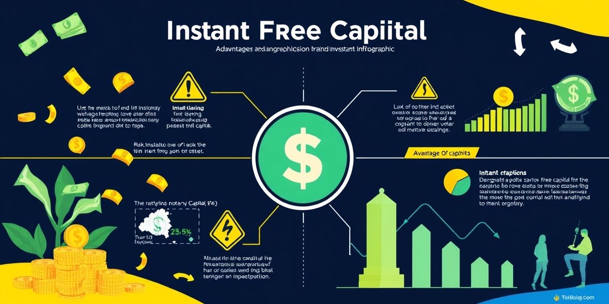 An infographic illustrating the pros and cons of instant free capital, featuring images of fast cash, risk factors, and investment opportunities.