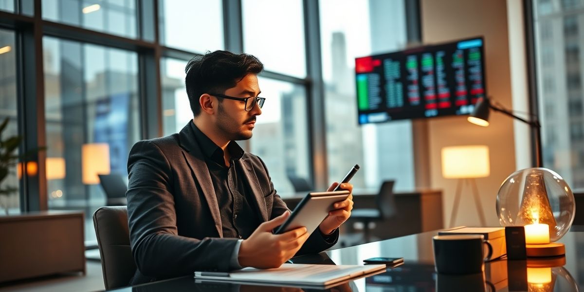 A thoughtful investor analyzing market trends and opportunities, using their instant capital effectively in a modern office setting.