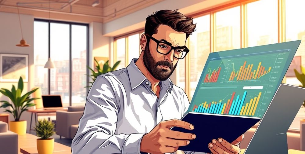 A detailed illustration showing the concept of financial independence with instant capital, including a businessman analyzing financial graphs and charts, bright office setting, motivated expression.