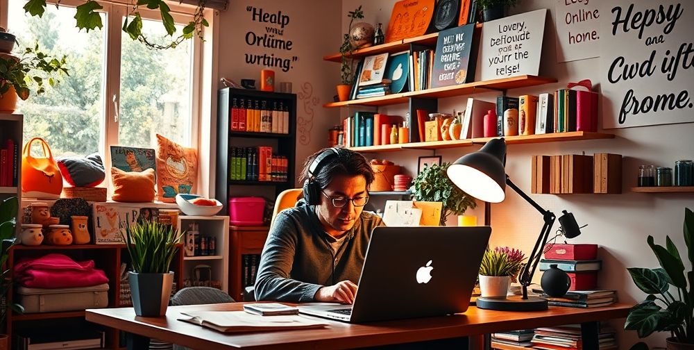 A vibrant and dynamic image showing a small business owner managing an online store, filled with colorful products and a laptop, showcasing energy and ambition in a home office.