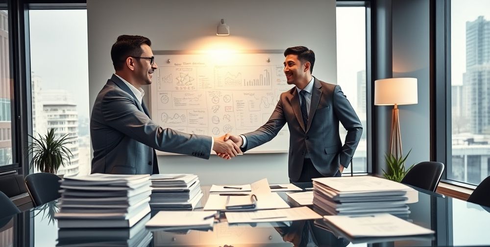 A professional investor shaking hands with a startup founder in a modern office, with financial documents and a whiteboard in the background.