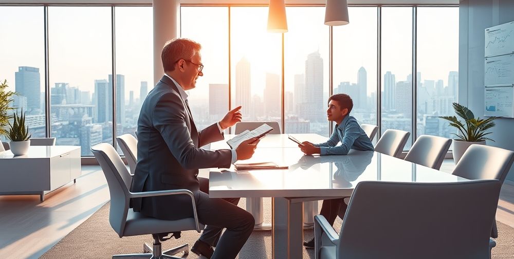 A detailed graphic of a financial advisor and a student discussing investment options in a modern office, professional atmosphere, natural light streaming through large windows.