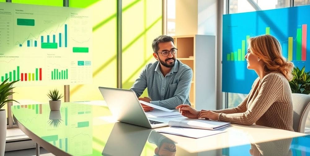 A financial consultant sitting at an office desk with charts, explaining strategies to a couple, bright tones showcasing optimism and trust.