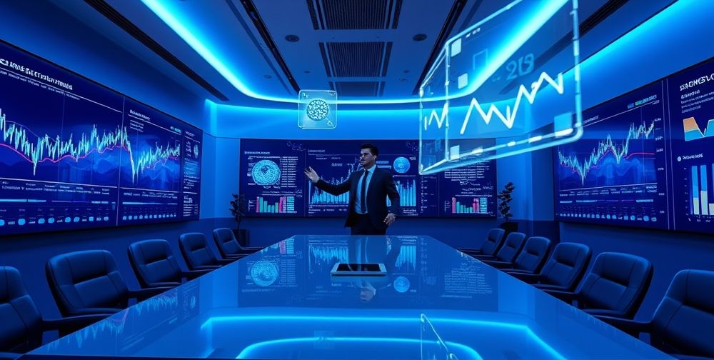 A futuristic room with large touchscreens showing real-time financial analytics, a professional pointing at data, and holographic AI models highlighting recommendations.