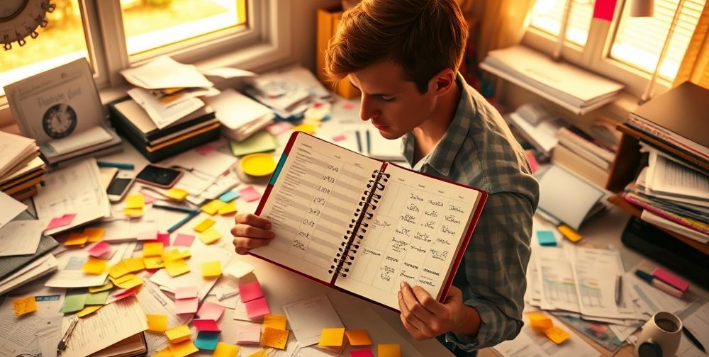 A person holding a planner, sitting at a desk filled with scattered financial reports and colorful sticky notes indicating chaos and lack of planning.