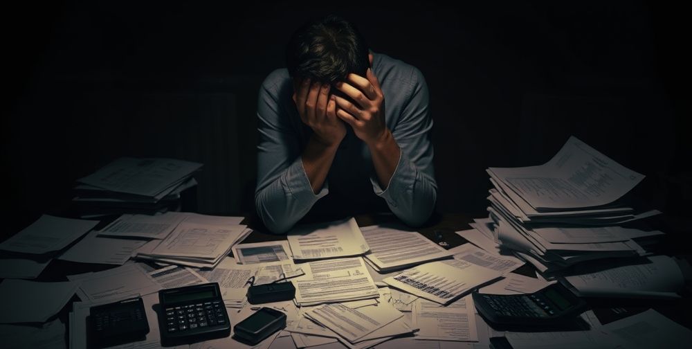 A stressed individual, sitting in a dimly lit room holding their head, with documents, calculators, and unpaid bills sprawled out on a table.