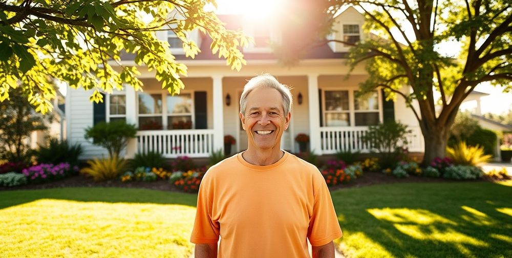 A smiling homeowner standing in front of a well-maintained house, showcasing pride and joy after utilizing financial support.