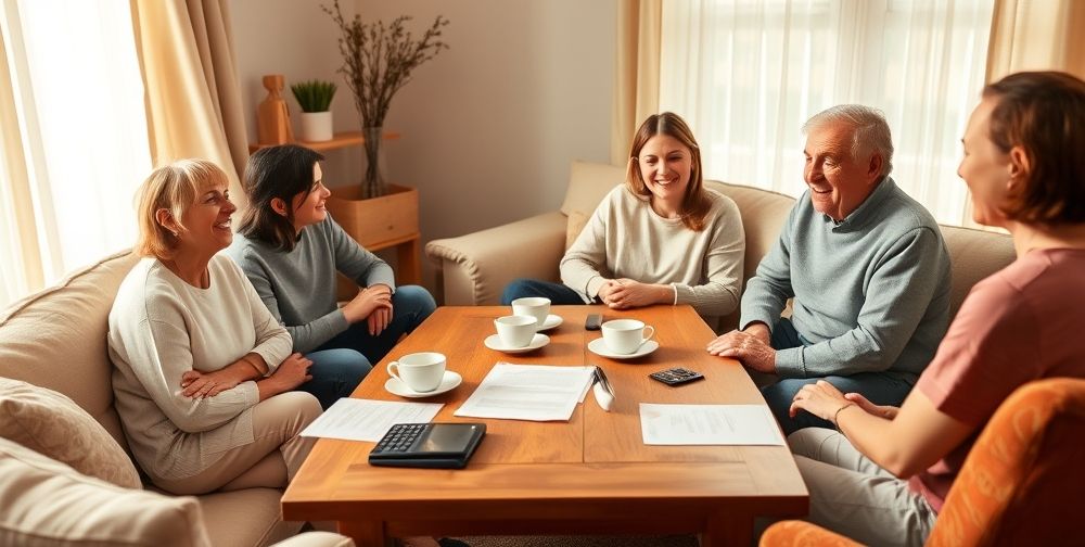 A family seated in a cozy living room, discussing finances over a table with documents, a calculator, and some tea on the table. The atmosphere is warm and collaborative, with neutral colors.