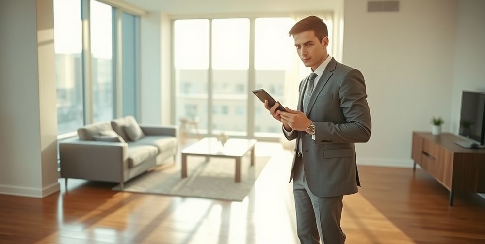 A professional-looking young person hesitating before making a phone call. The setting is a clean, modern apartment with soft daylight filtering through the window.