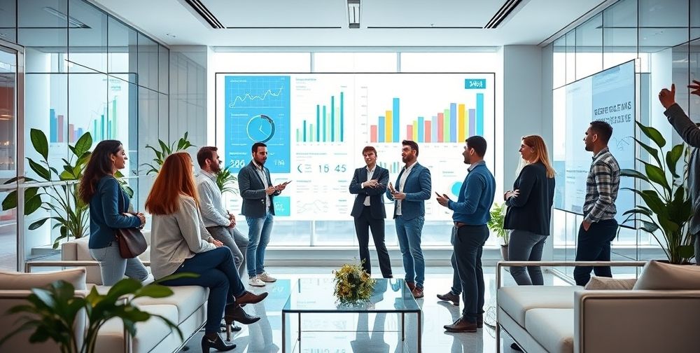 A team of entrepreneurs in a well-lit modern office, discussing financial plans with charts and graphs displayed on a digital screen, symbolizing strategic funding decisions.