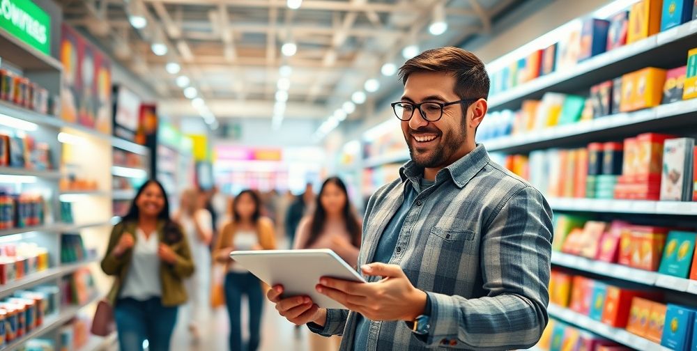 A retail store owner happily checking growth data on a tablet after successful use of instant capital, with shelves full of new inventory and customers in the store.