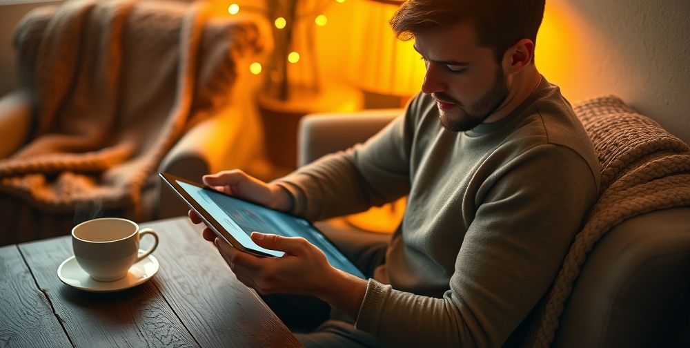 A person reading financial market reports on a tablet, coffee cup on table, warm lighting in a cozy atmosphere