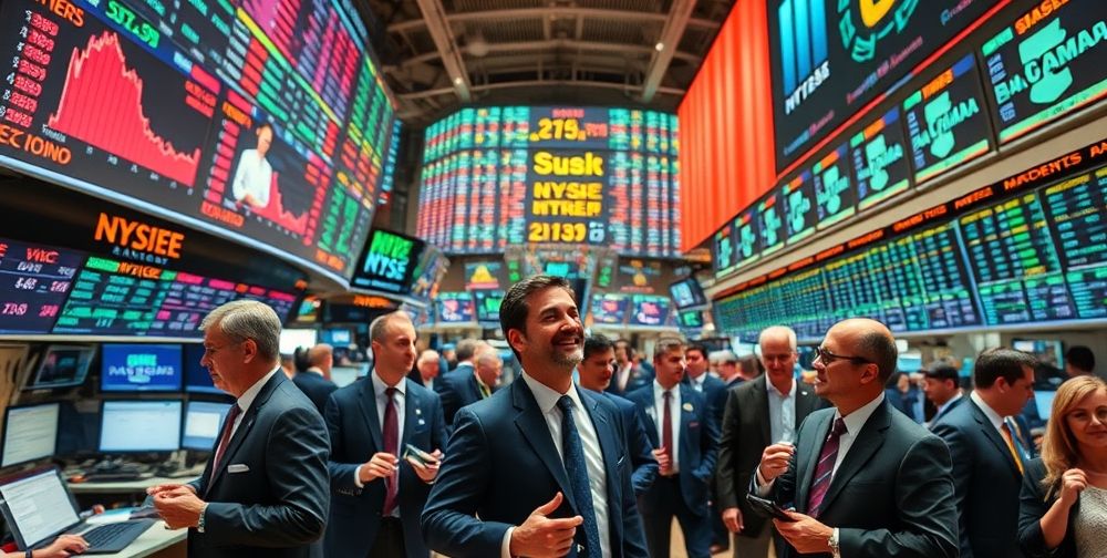 A vibrant stock market floor with investors and traders actively engaging, large digital screens displaying financial data, showcasing market dynamics.