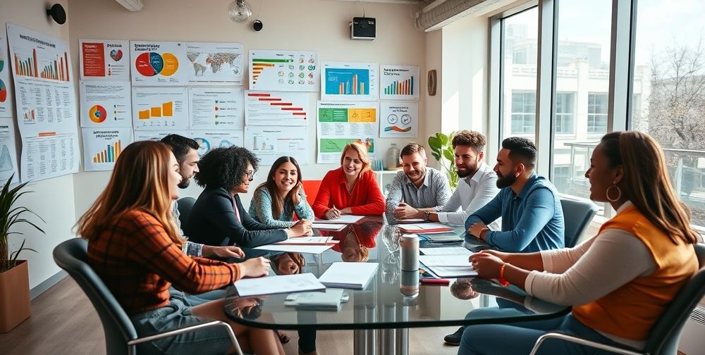 A vibrant financial meeting room with entrepreneurs brainstorming ideas, charts on the wall, and a diverse team collaborating enthusiastically.