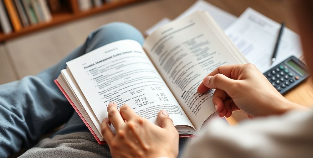 A person reading a financial management book, with notes and a calculator beside them, focused expressions, and a cozy study environment.