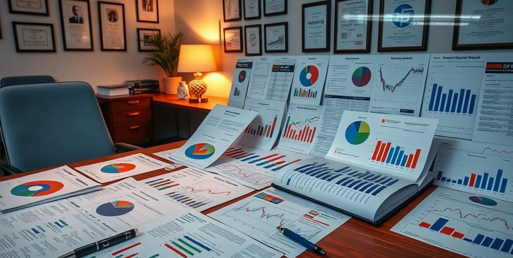 A visual representation of investment analysis, including charts, graphs, and notes, creating an organized workspace filled with financial data and a professional atmosphere.