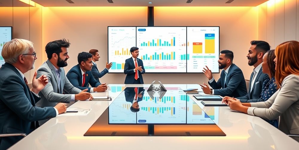 A group of diverse investors discussing strategies in a modern meeting room, with charts and graphs displayed on a screen.