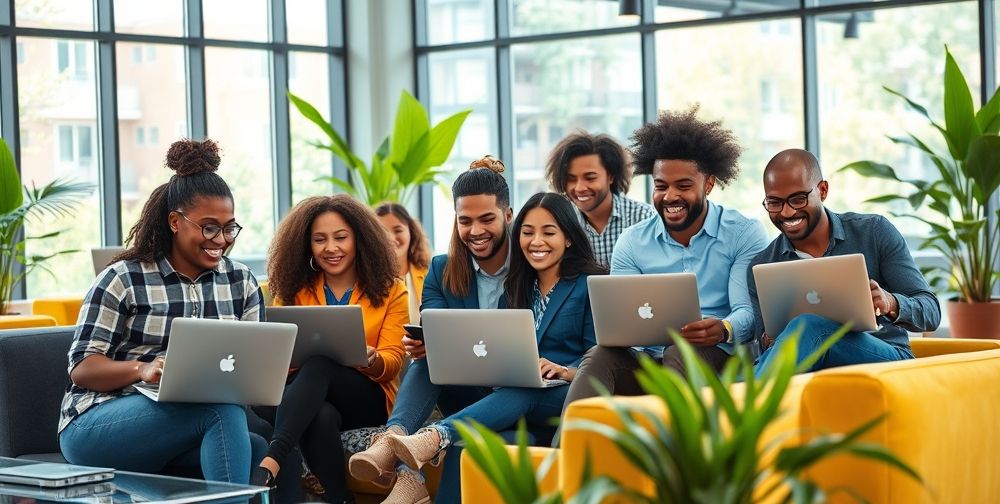 A group of diverse entrepreneurs using laptops and smartphones in a bright, modern office space, collaborating on innovative funding strategies. The scene is vibrant and energized.