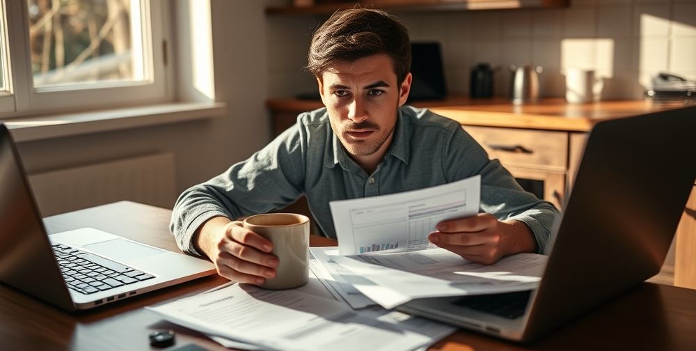 An individual assessing financial documents at a kitchen table, surrounded by a laptop and coffee, with a focused expression.