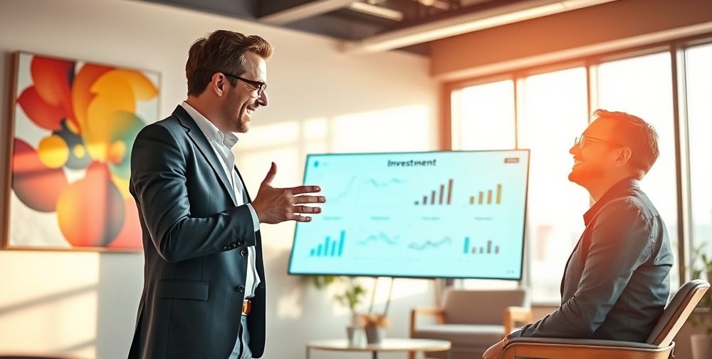 A person confidently discussing investment options with a client in a modern office, bright colors, and optimistic atmosphere.