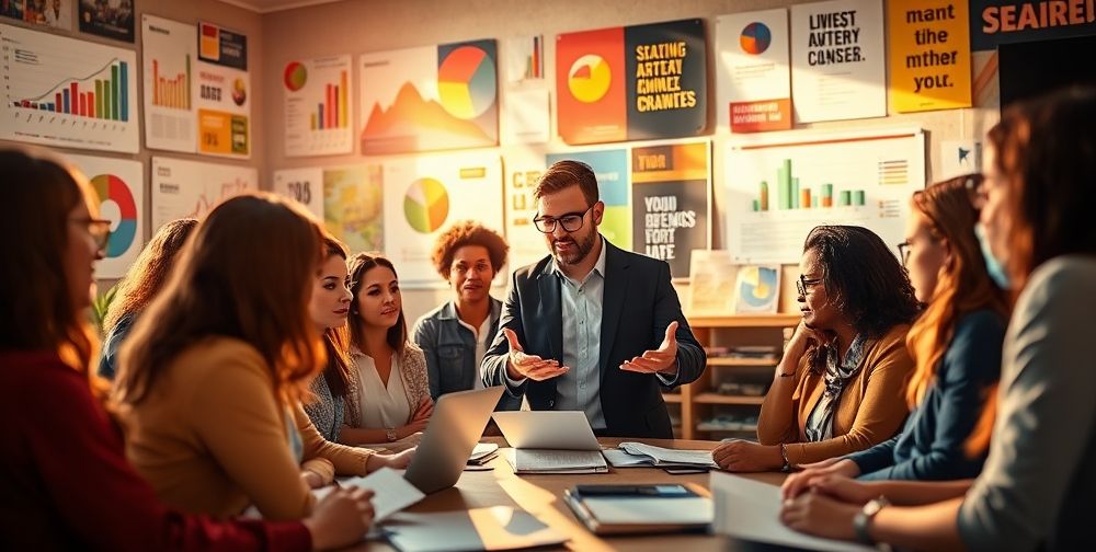 A financial advisor guiding a group of young entrepreneurs in a well-lit workshop, colorful charts and motivational quotes visible in the background.