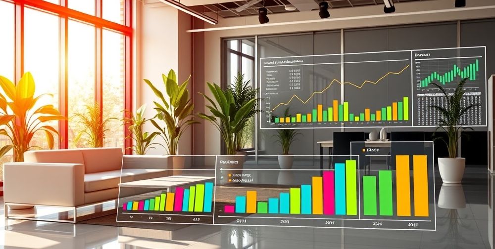 A graph depicting successful financial management strategies after receiving instant free capital, with clear data visualizations and charts, set in a bright office space.