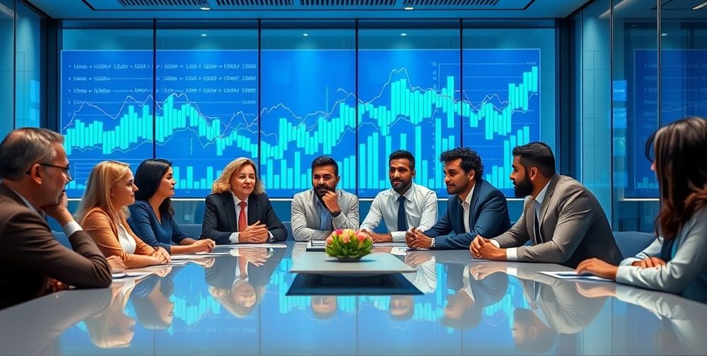 A detailed illustration of the real estate market, showing trends in housing prices with graphs and charts, complemented by a diverse group of investors discussing strategies in a modern office setting.