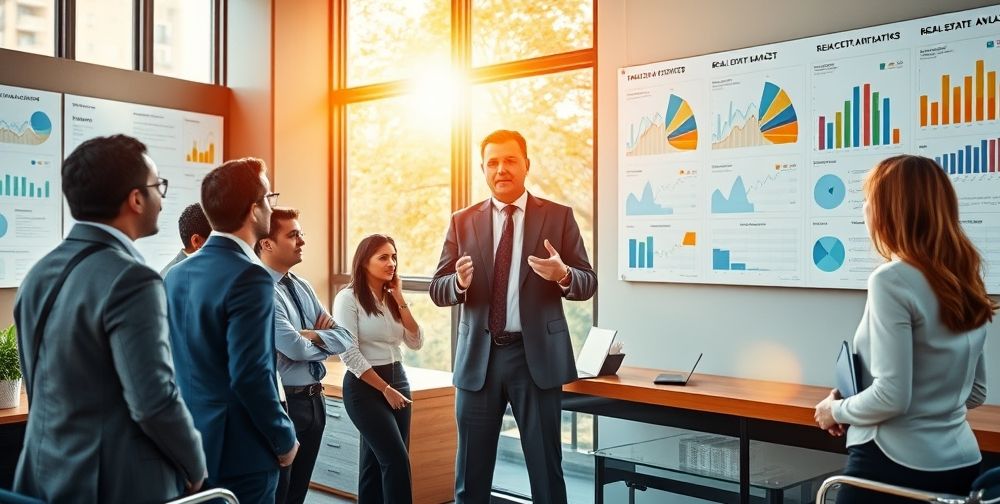 A professional financial advisor discussing strategies with a group of potential investors in a modern office environment, filled with charts and real estate market analytics on the walls.