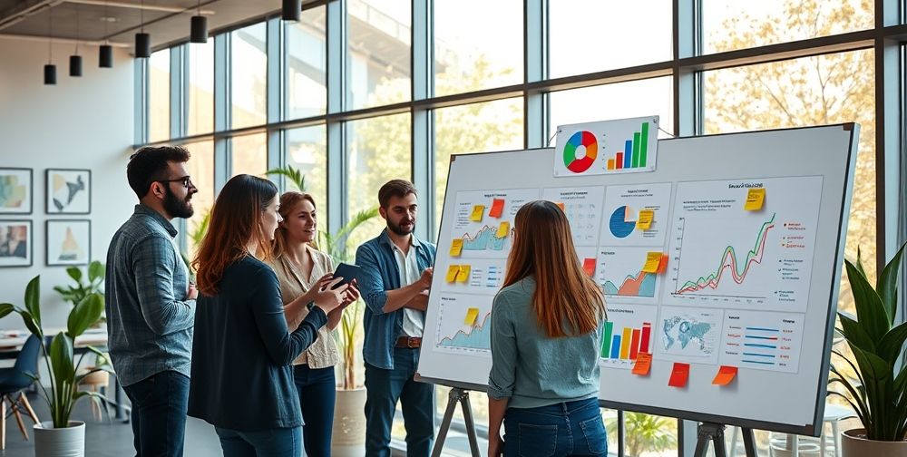 A startup team working in a modern office environment, brainstorming, discussing strategies while looking at graphs showing growth, colorful charts in the background, vibrant atmosphere.