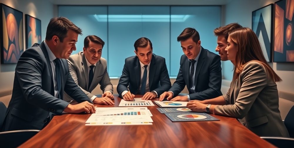 An image showcasing a group of investors discussing with a startup team, details of investment charts on the table, serious expressions, modern meeting room setting.