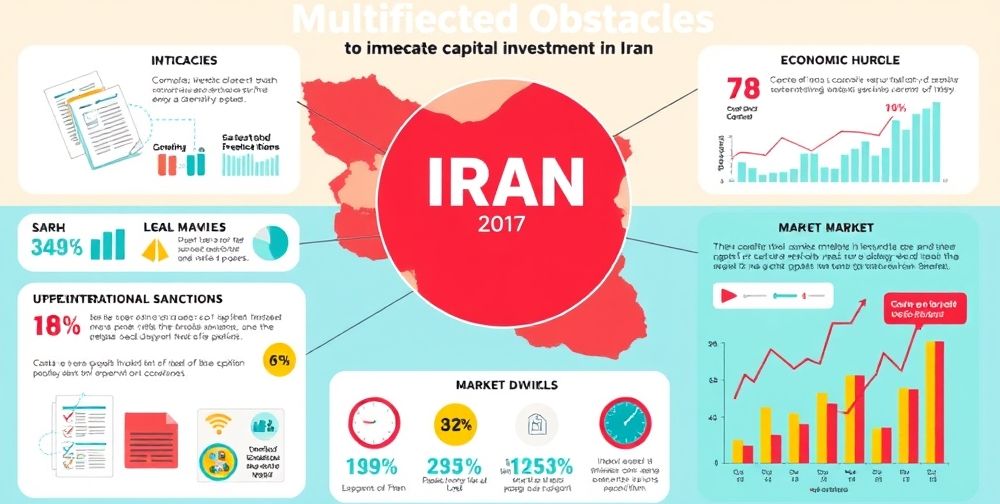 An infographic showing the challenges and barriers to instant capital investment in Iran, depicting aspects like legal complexities and international sanctions.