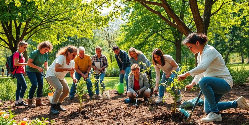 A group of volunteers collaborating in a community project, planting trees and cleaning up a local park, showcasing her dedication to environmental charity and community service.