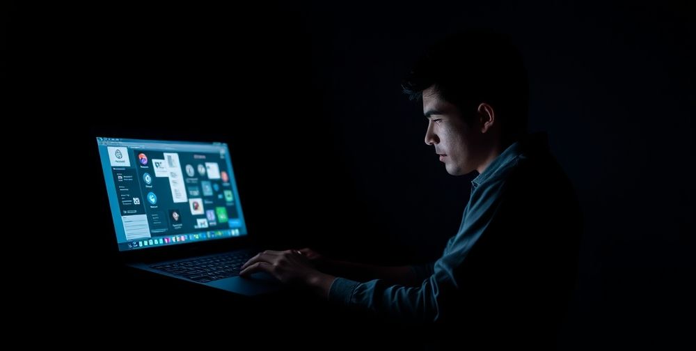 A person sitting with a laptop, exploring online platforms and making immediate financial transactions. The atmosphere is focused and intense, with a dark theme and bright screen light.