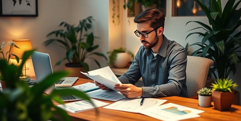 A serene financial planner reviewing growth charts and investment strategies in a cozy home office, with plants and warm lighting.